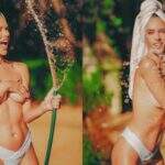 Alessandra Ambrósio surge de topless tomando banho de mangueira