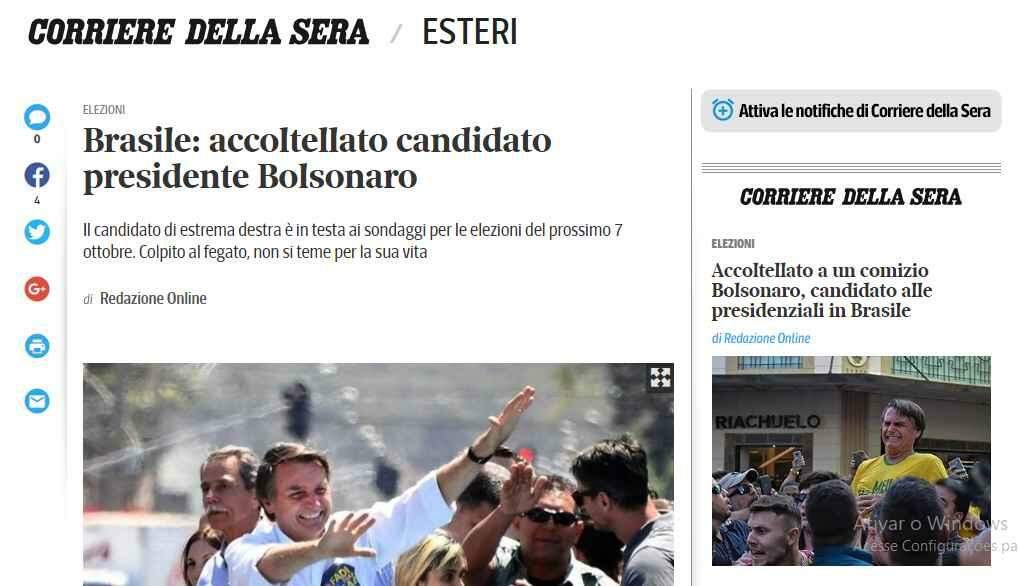Jornal italiano destaca atentado contra Bolsonaro: ‘candidato de extrema direita esfaqueado’