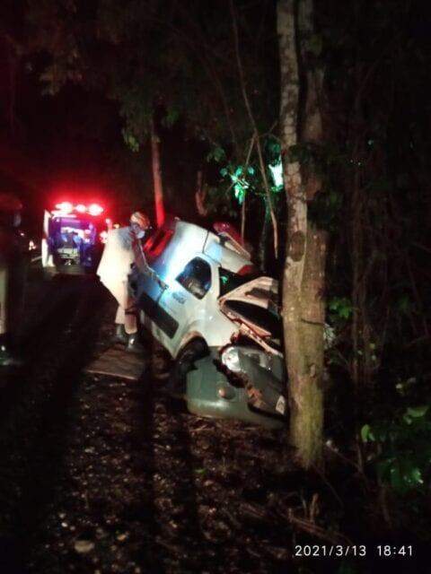 Ao buscar paciente, motorista de ambulância perde controle e bate em árvore na BR-262 em MS