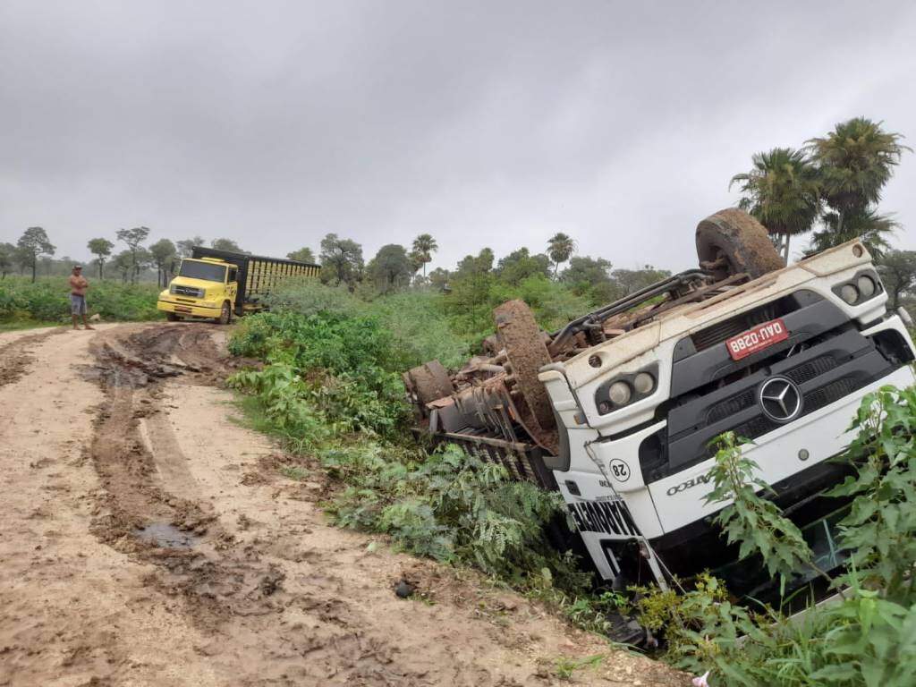 Caminhão tombado em estrada de terra no Pantanal  (Foto: Divulgação)