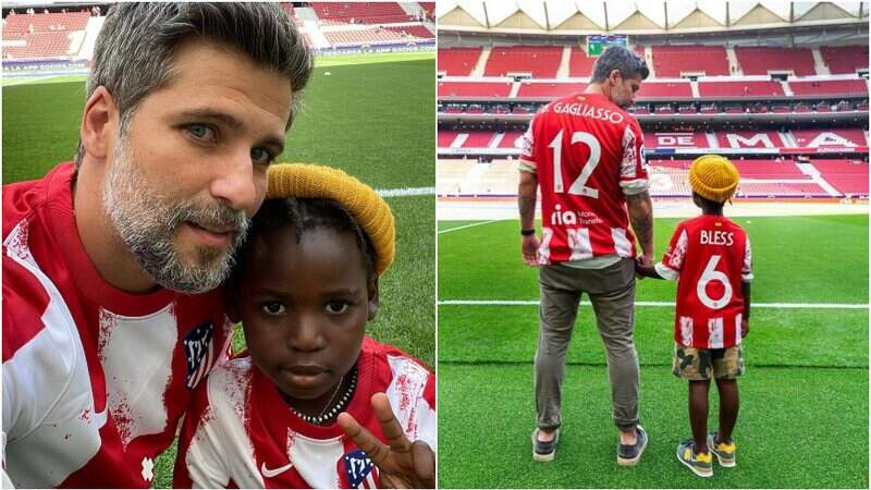 Bruno Gagliasso leva o filho para ver jogo em estádio da Espanha