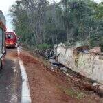 Caminhões batem, um cai na ribanceira e motorista fica preso nas ferragens