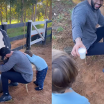 VÍDEO: Gusttavo Lima tira leite direto da vaca para filho experimentar, mas criança não curte e até derrama