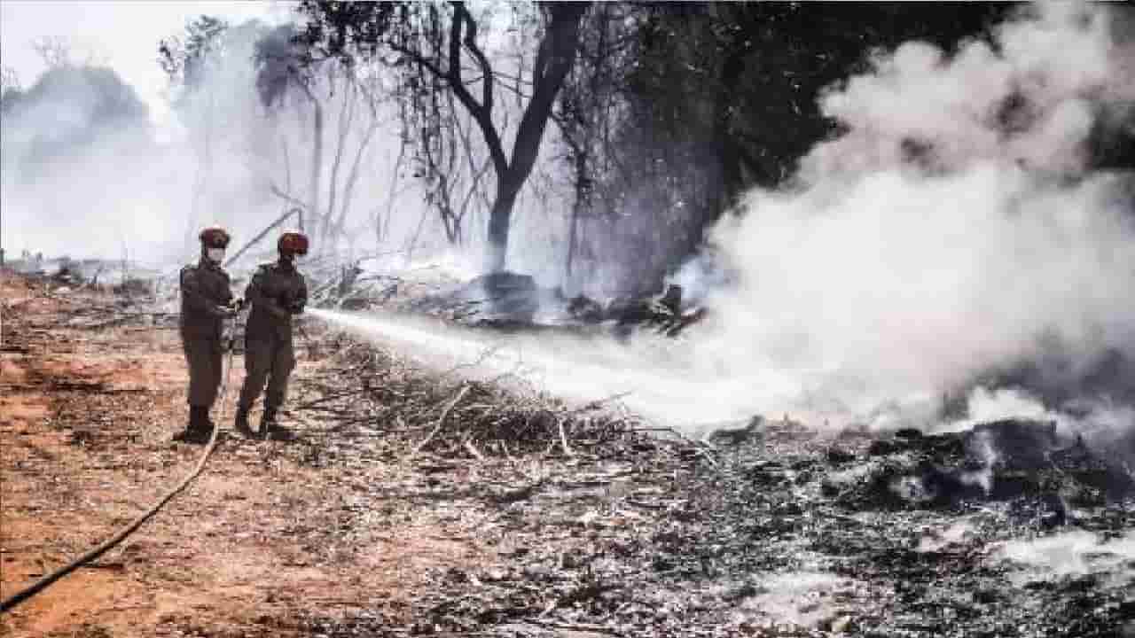 Bombeiros durante combate a incêndio em vegetação