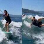 Kim Kardashian toma ‘caldo’ ao praticar wakeboard em férias