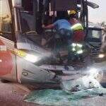 Motorista de ônibus fica preso nas ferragens após bater em traseira de caminhão em rodovia