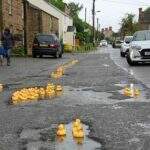 Moradores enchem buracos nas ruas com patos de borracha