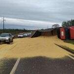 Após tombar, carreta espalha 32 toneladas de farelo de soja na BR-163