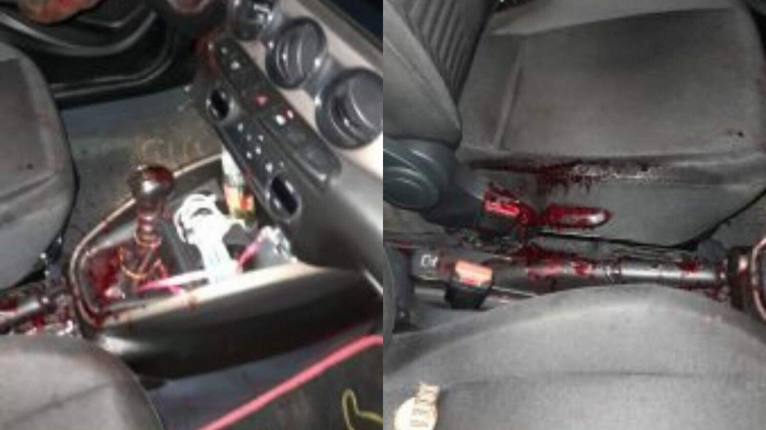 Marcas de sangue ficaram pelo carro da vítima.