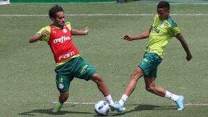 Gustavo Scarpa disputa bola com Giovane (à direita) em treino do Verdão