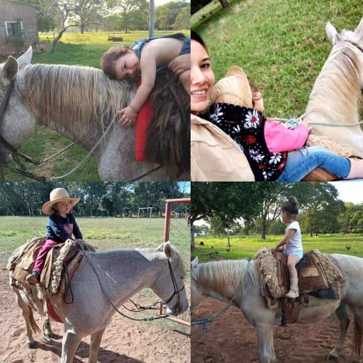 montando em cavalos - Pantaneira de 2 anos, Maria Clara já toca berrante e quer montar no cavalo para chamar a boiada