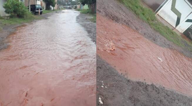 Durante chuva, rua sem asfalto do Jardim Nashiville vira ‘rio’ em Campo Grande