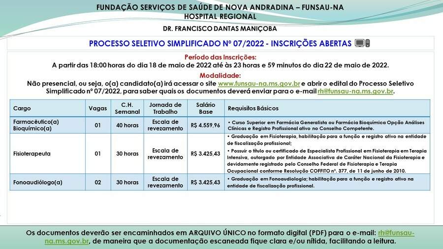 center PSS 07 2022 PUBLICA O REDE SOCIAL INSCRI ES ABERTAS - Hospital Regional de Nova Andradina abre processo seletivo com 4 vagas para profissionais da saúde