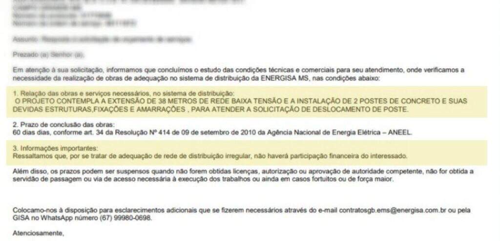documento poste1 - Morador recorre após Energisa cobrar quase R$ 10 mil para retirar poste na frente de casa em Campo Grande