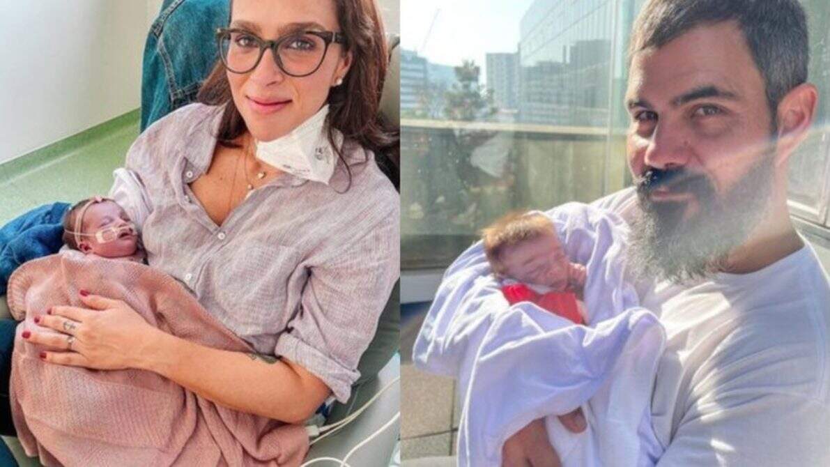 Filha de Juliano Cazarré sai do hospital e vai para casa pela primeira vez após nascer com anomalia