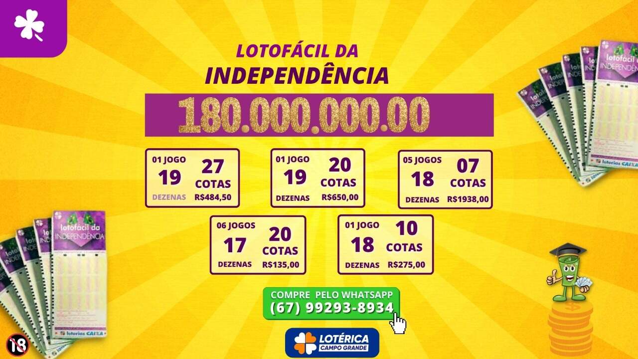 Lotofácil da Independência sorteia R$ 180 milhões. Aposte com 20% off