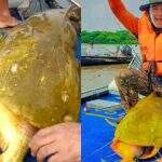 Pesca-dupla: Comandante da PM e amigos pescam jaú de 90 kg ‘engasgado’ com pacu em MS
