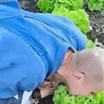 ‘Vegano raiz’, diz Xuxa ao se agachar para comer alface direto do chão
