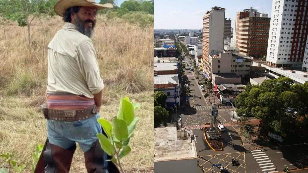 Marcos Palmeira fazendo xixi no mato do pantanal de MS durante gravações em 2021 e a cidade morena - (Fotos: Reprodução/Redes Sociais e Nathália Alcântara/Midiamax)