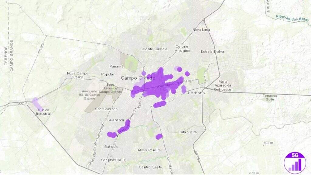 Mapa mostra celulares aptos a receber o 5G em Campo Grande. (Foto: Reprodução site Nperf)