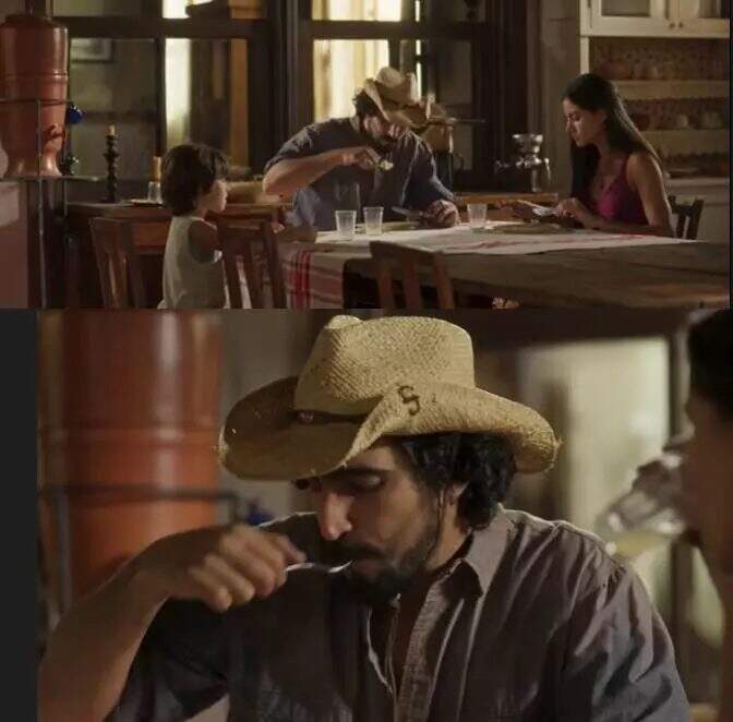 Uma das inúmeras cenas em que Zé Leôncio apareceu fazendo refeições usando chapéu na novela "Pantanal" - (Fotos: TV Globo/Reprodução)