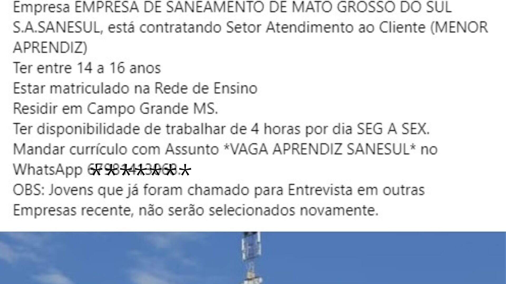 Sanesul alerta para golpe e diz que não está contratando menor aprendiz