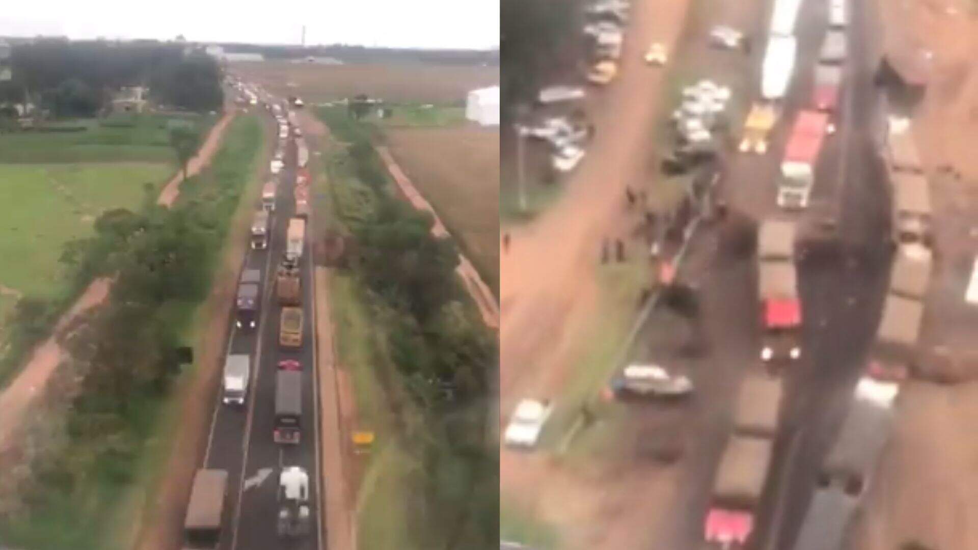 VÍDEO: Imagens aéreas mostram fila gigante de caminhões em bloqueio na BR-163