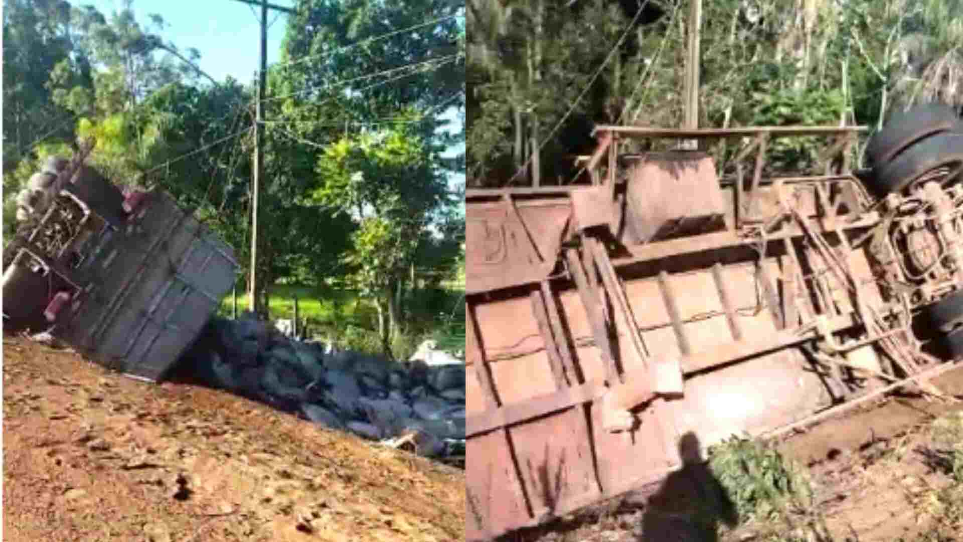 VÍDEO: Carreta carregada de carvão tomba em rodovia de MS em fronteira com Paraguai