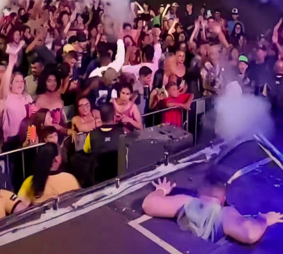 DJ quase é ‘engolido’ por buraco após palco ceder em festa de aniversário de cidade de MS