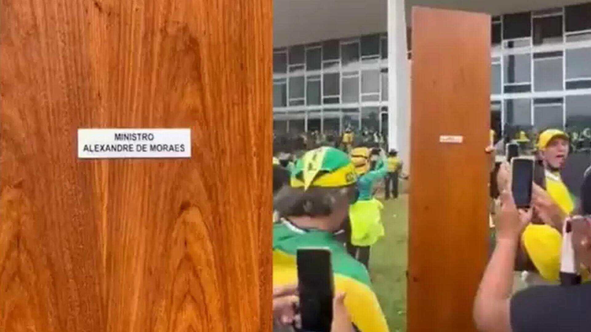 Porta do gabinete do ministro Alexandre de Moraes foi arrancada em manifestação: ‘vem buscar’