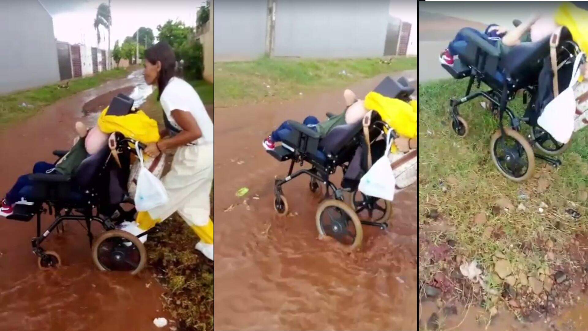 VÍDEO: Rua alaga e mãe enfrenta enxurrada com filho em cadeira de rodas para pegar ônibus