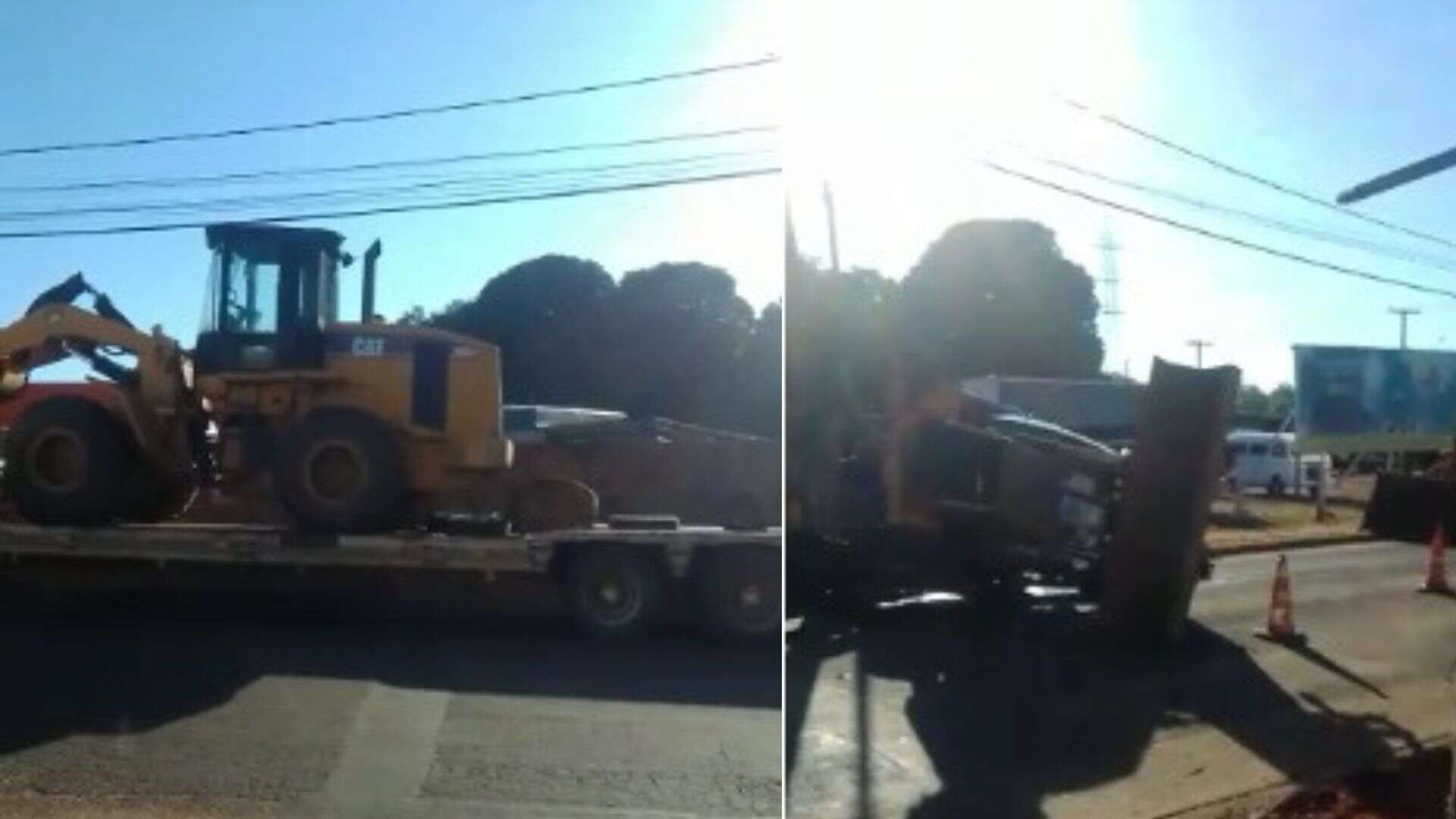 VÍDEO: Pá carregadeira cai de caminhão em avenida e atrapalha o trânsito