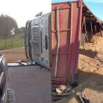 Caminhão com carga de soja tomba e caminhoneiro é arremessado na rodovia MS-339