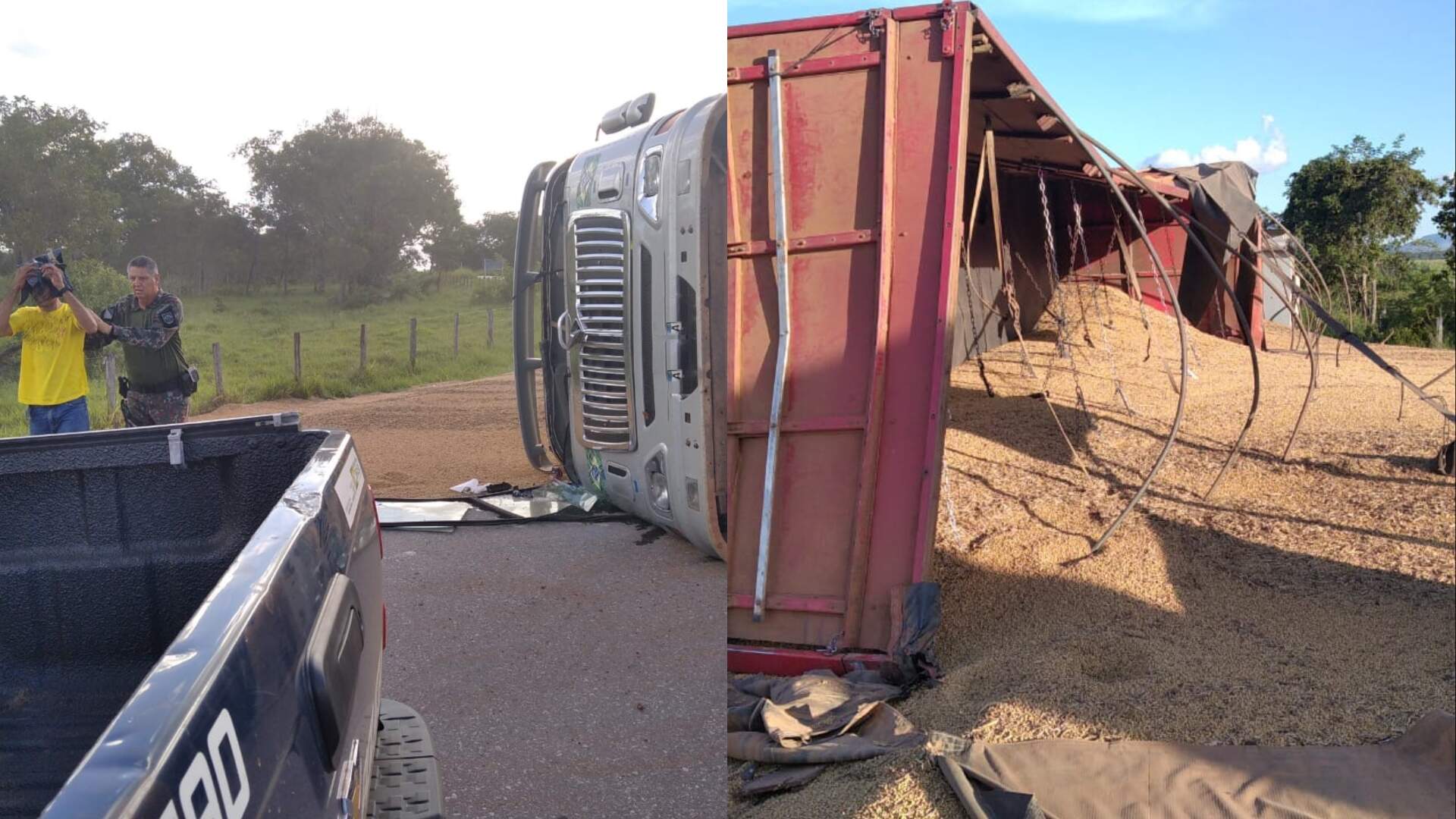 Caminhão com carga de soja tomba e caminhoneiro é arremessado na rodovia MS-339