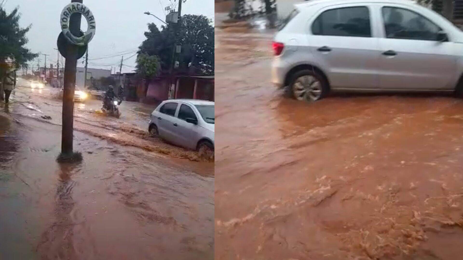 Em 10 minutos de chuva, rua vira rio no Caiobá e atrapalha saída de crianças de EMEI