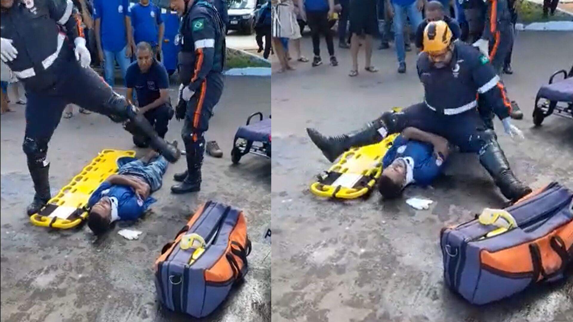 VÍDEO: Durante atendimento, socorrista do SAMU escorrega e cai em cima de vítima