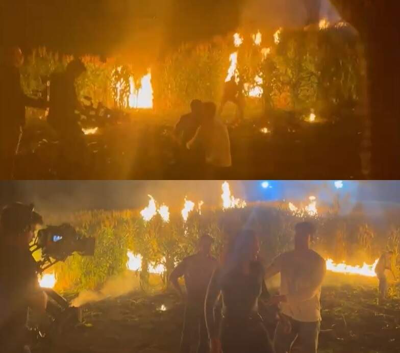 Imagens dos bastidores do incêndio no milharal de Aline - (Fotos: Gshow/Divulgação) Terra e Paixão