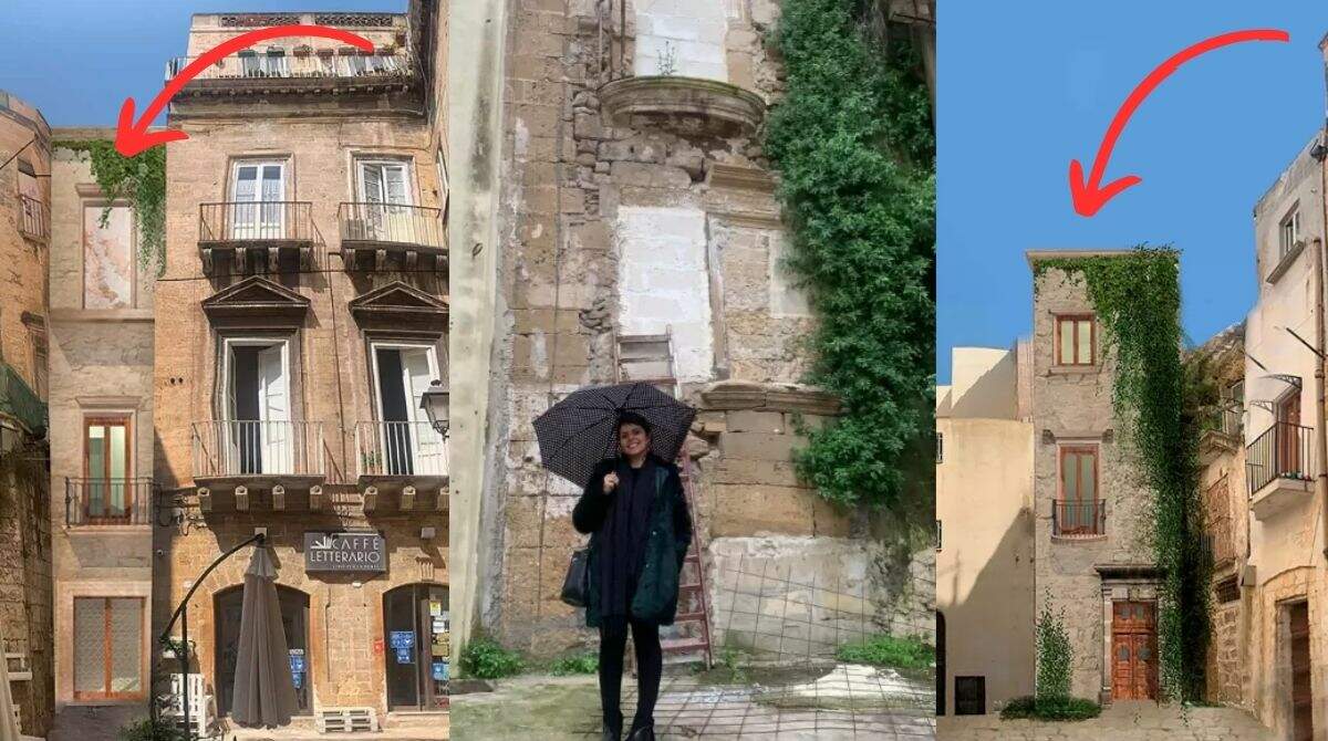 À direita e à esquerda, alguns projetos de Paula para o imóvel. No centro, a arquiteta na fachada da casa de 1 euro - (Fotos: Arquivo Pessoal)