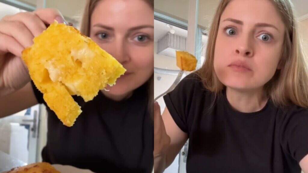Ela amou a iguaria - (Fotos: Reprodução, TikTok) sopa paraguaia